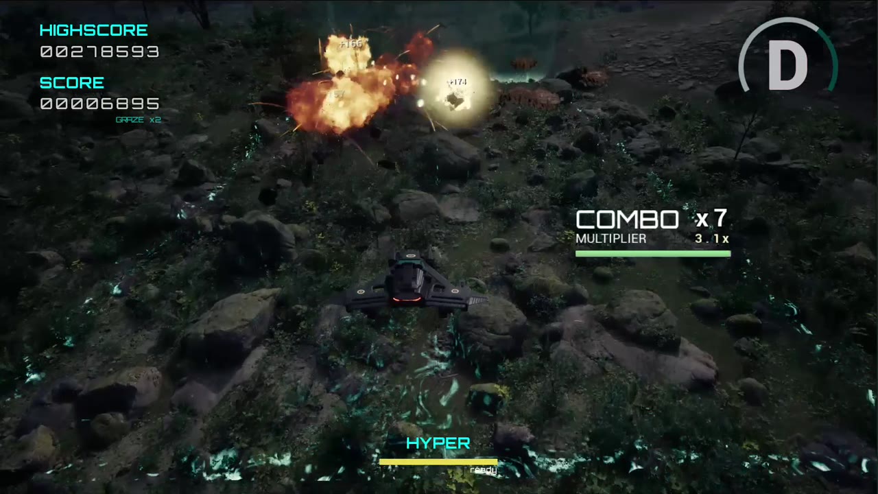 In-engine capture: the player ship holds focus inside a dense lattice of enemy bullets.