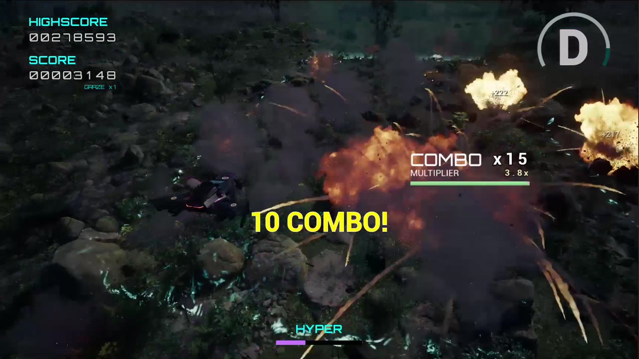In-engine capture: a combo of destroyed enemies erupts as the score multiplier climbs.